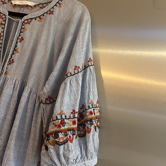 Zara Boho Mini Dress Blue and White Striped Embroidered size Small - Picture 5 of 12
